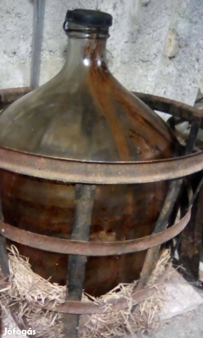 Üvegballon demizson pálinka bor tárolás 60x42 50L vas kosár tartóval