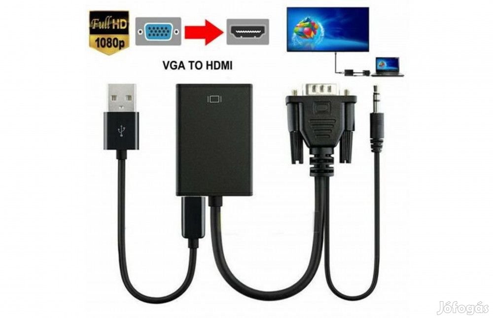 VGA- HDMI videó audio adapter átalakító FULL HD 1080P