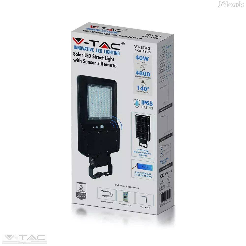 V-TAC 40W LED Utcai Lámpa Napelemes (Solar) 120LM/W 4000K - 5503