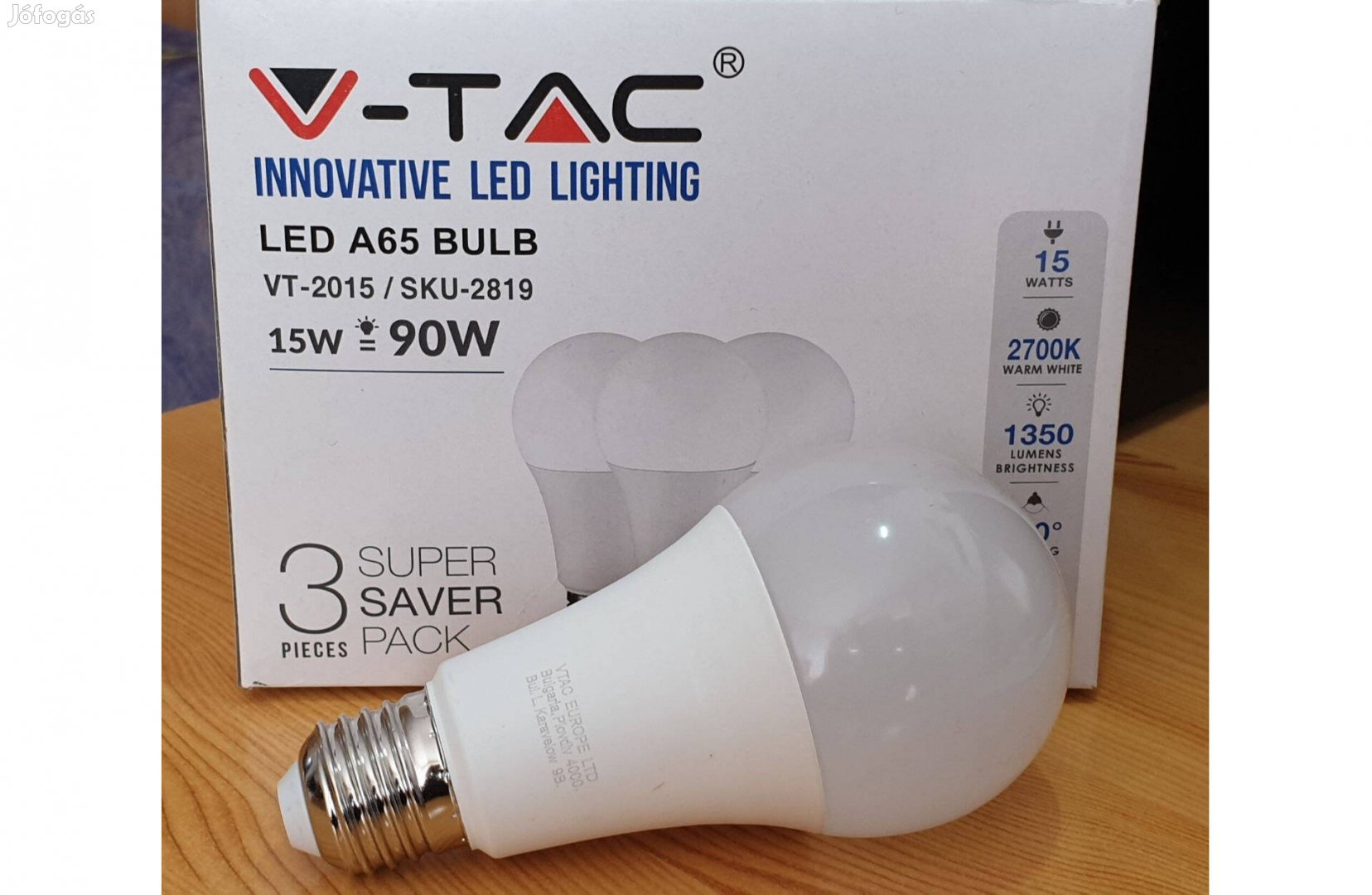 V-TAC E27 15W 2700K (meleg fehér) LED izzó égő szett 3+1db egyben Új