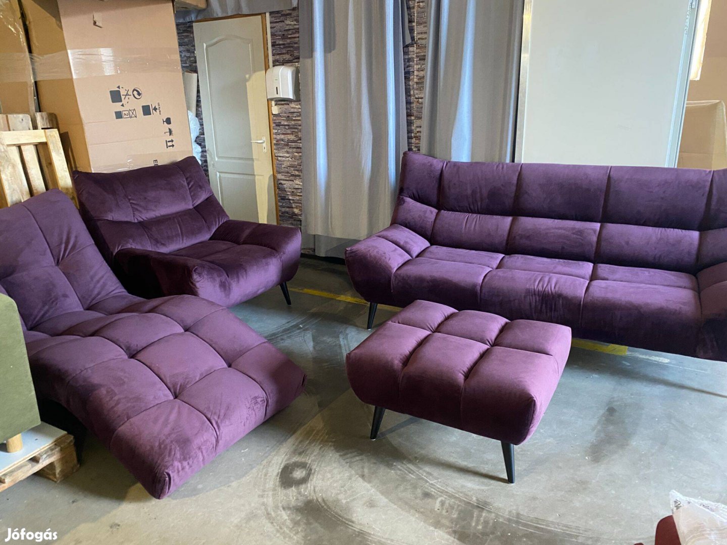 Vadiúj! Lila bársony szett fotel, lábtartó, kanapé, hullámfotel 599e