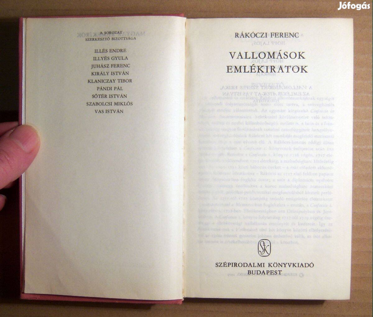 Vallomások / Emlékiratok (Rákóczi Ferenc) 1979 (foltmentes) 8kép+tarta