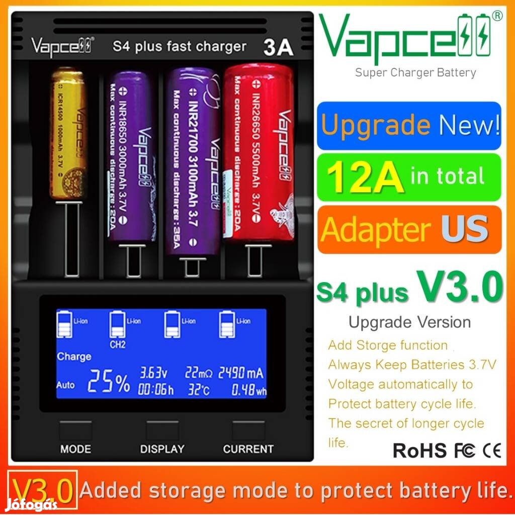 Vapcell S4 plus akkumulátor töltő 18650 21700 lítium nimh