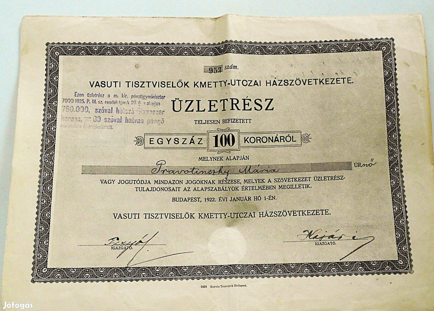 Vasúti Tisztviselők Kmetty-Utczai Házszövetkezete üzletrész 1922