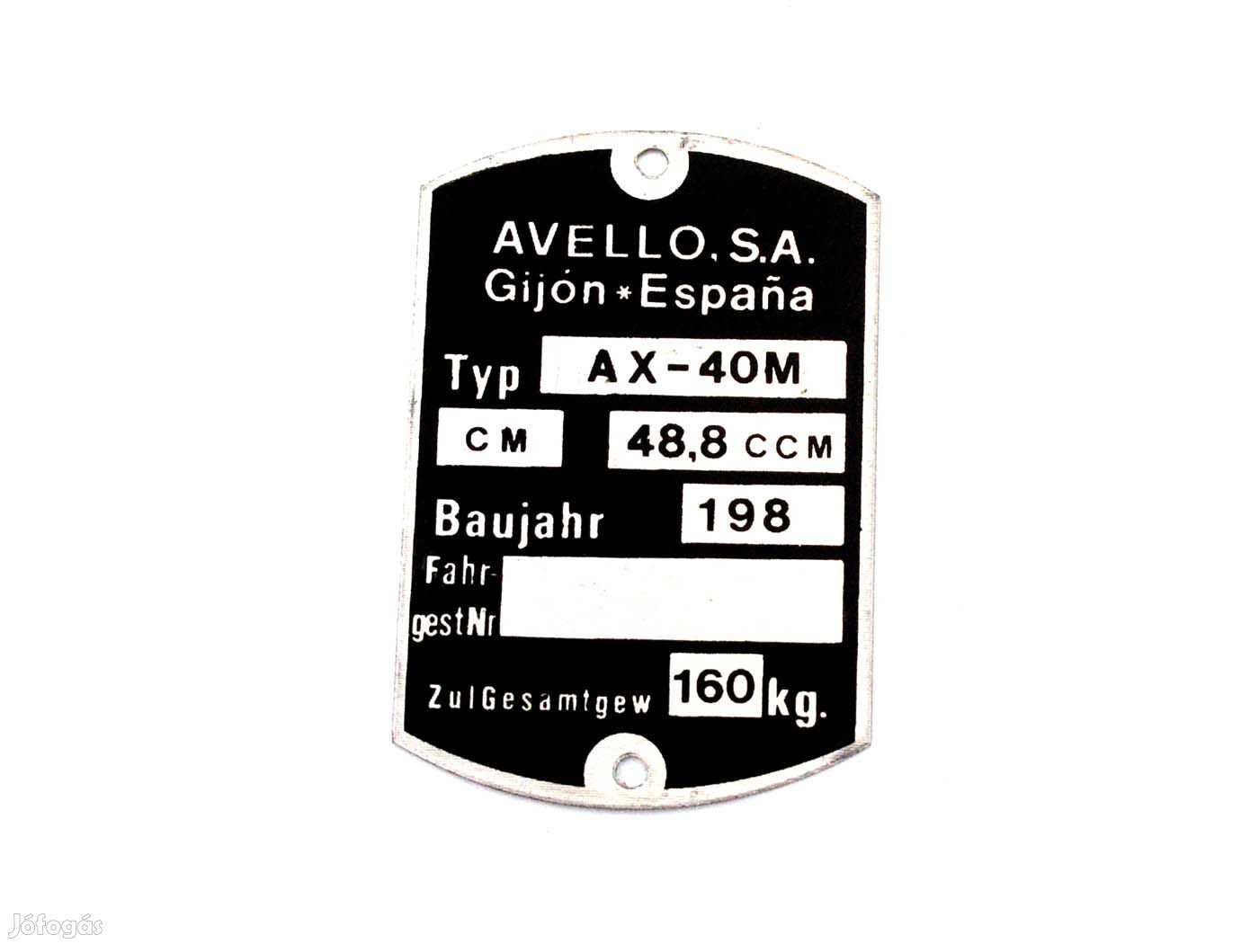 Váz típustábla mérete: 59 x 40mm az Avelo AX 40M-hez