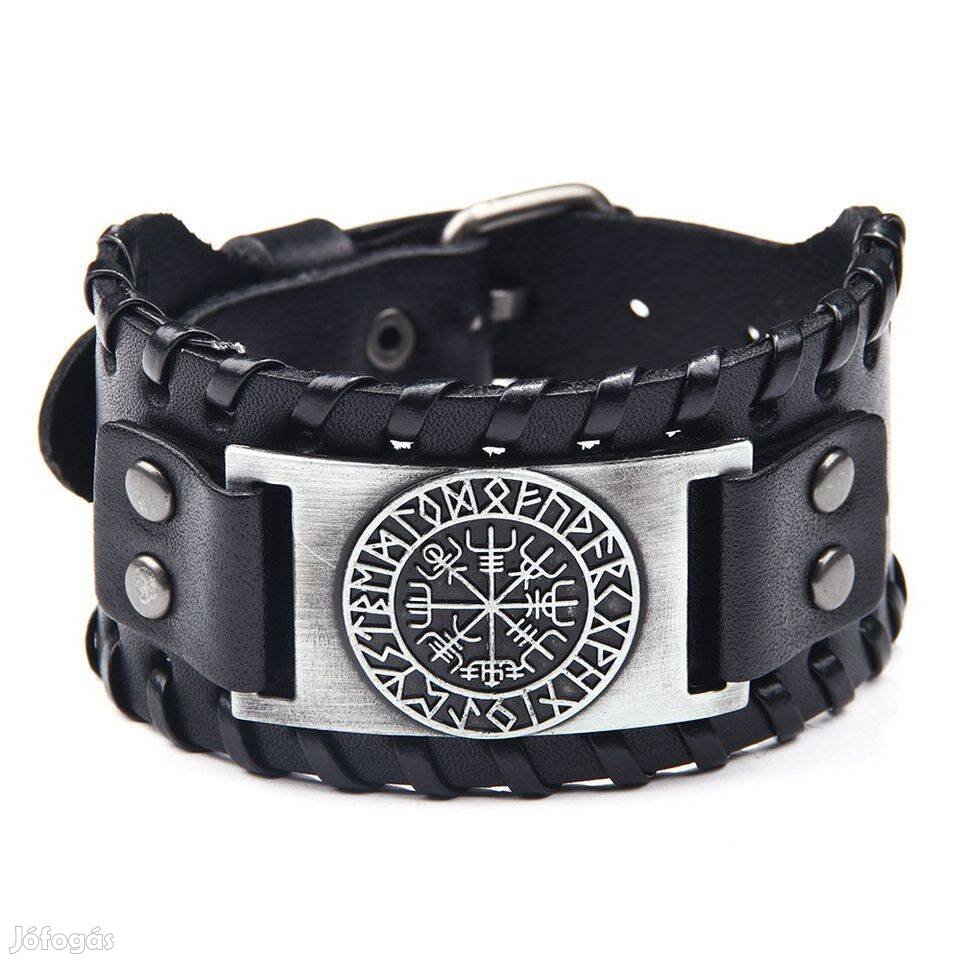 Vegvisir viking fekete bőr karkötő