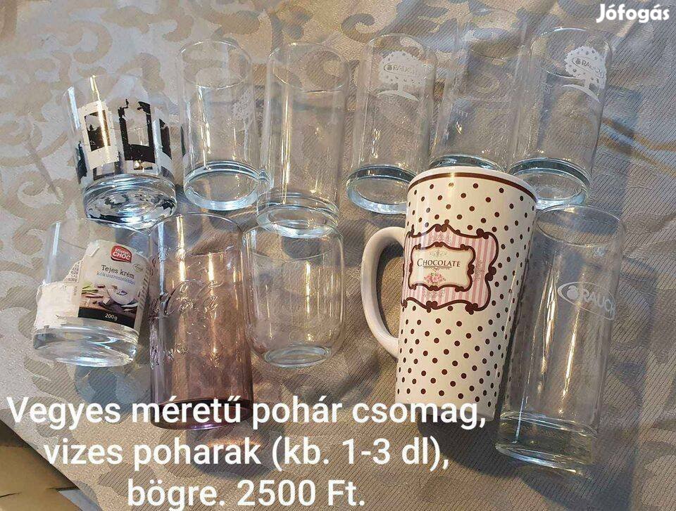 Vegyes méretű pohár csomag vizes poharak, bögre 300db vagy