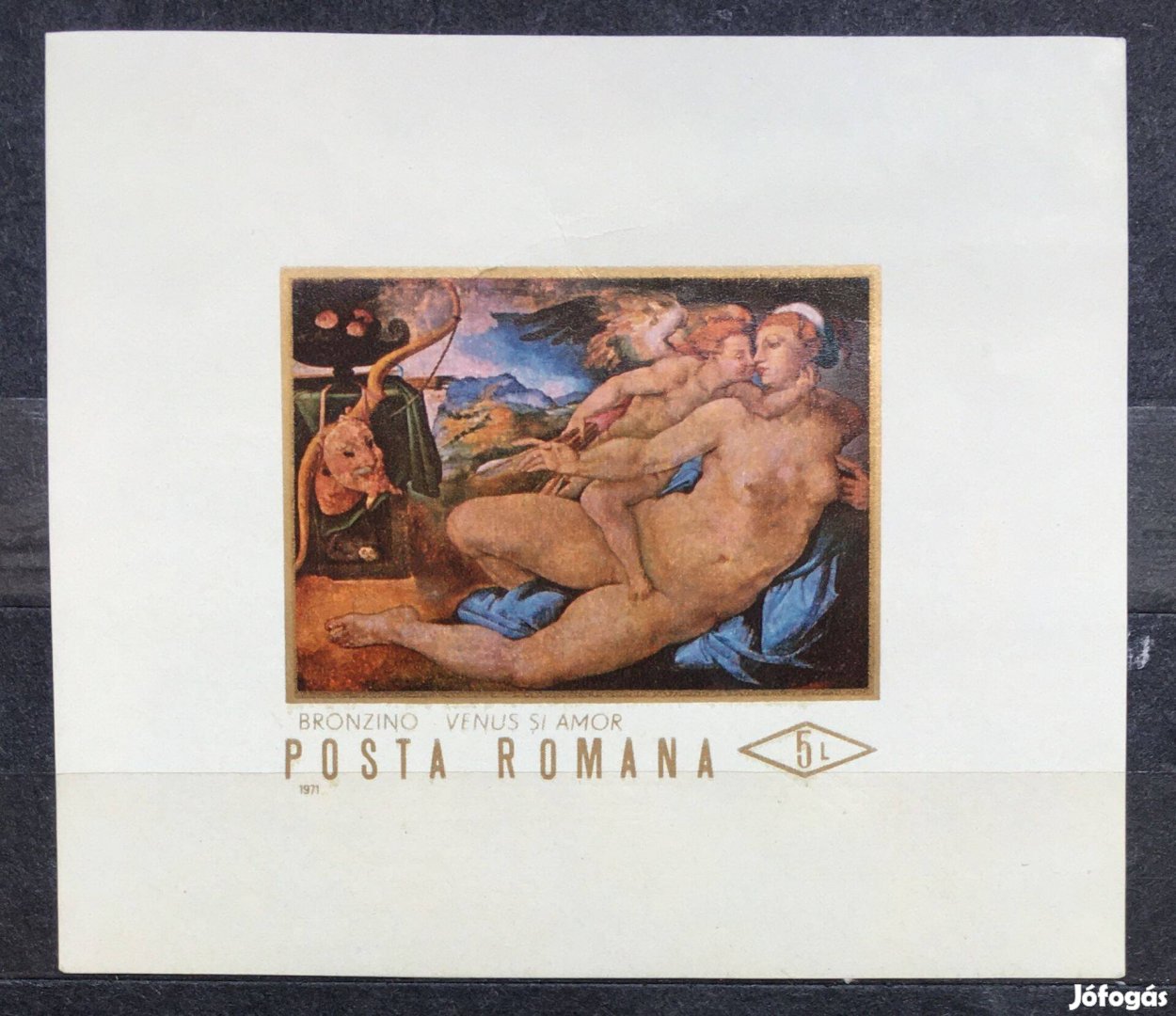 Vénusz és Ámor festmény postatiszta román bélyeg, vágott blokk 1971