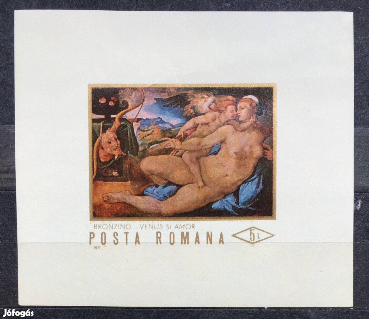 Vénusz és Ámor festmény postatiszta román bélyeg, vágott blokk 1971