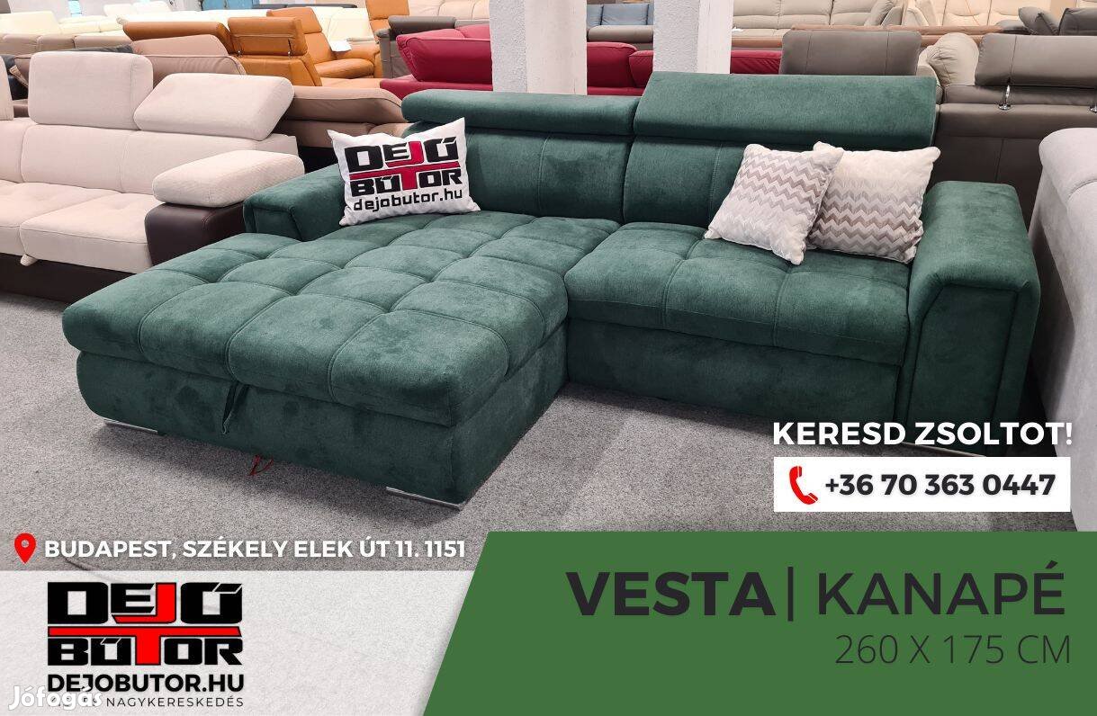 Vesta ágyazható rugós kanapé ülőgarnitúra sarok 260x175 cm zöld