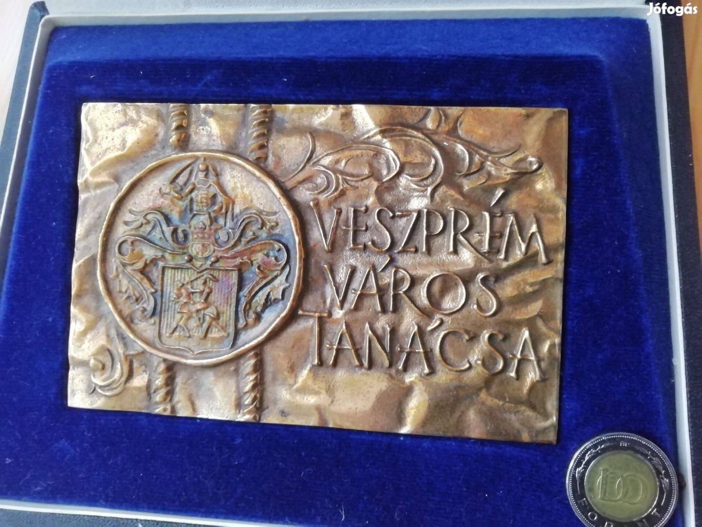 Veszprém Város kitüntető bronz plaketje dobozában