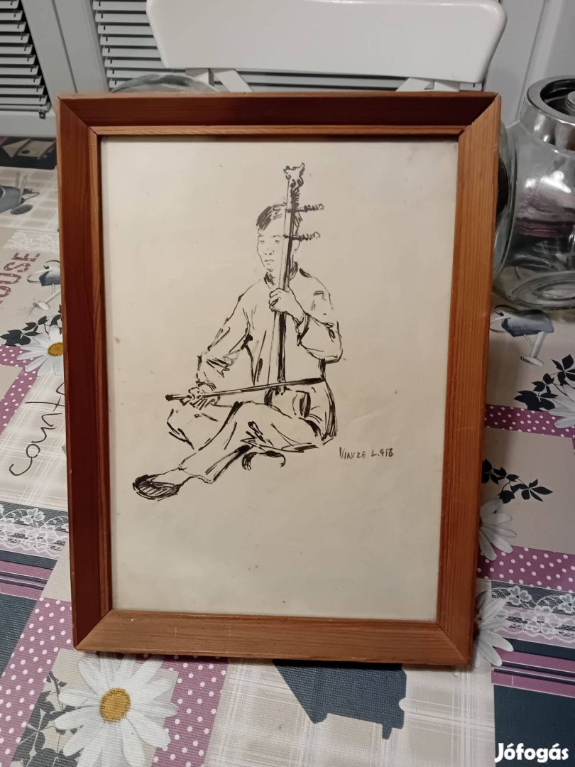 Vincze Lajos Erhu-n játszó fiú 1958 - grafika, eredeti,
