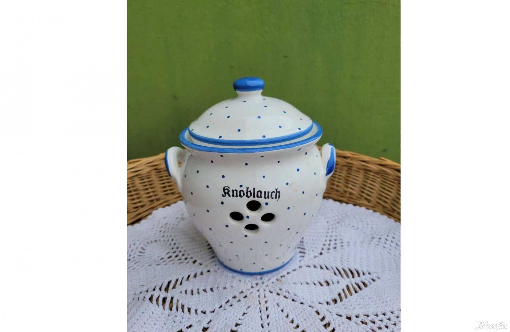 Vintage Gmundner Keramik kék pettyes fokhagyma tartó