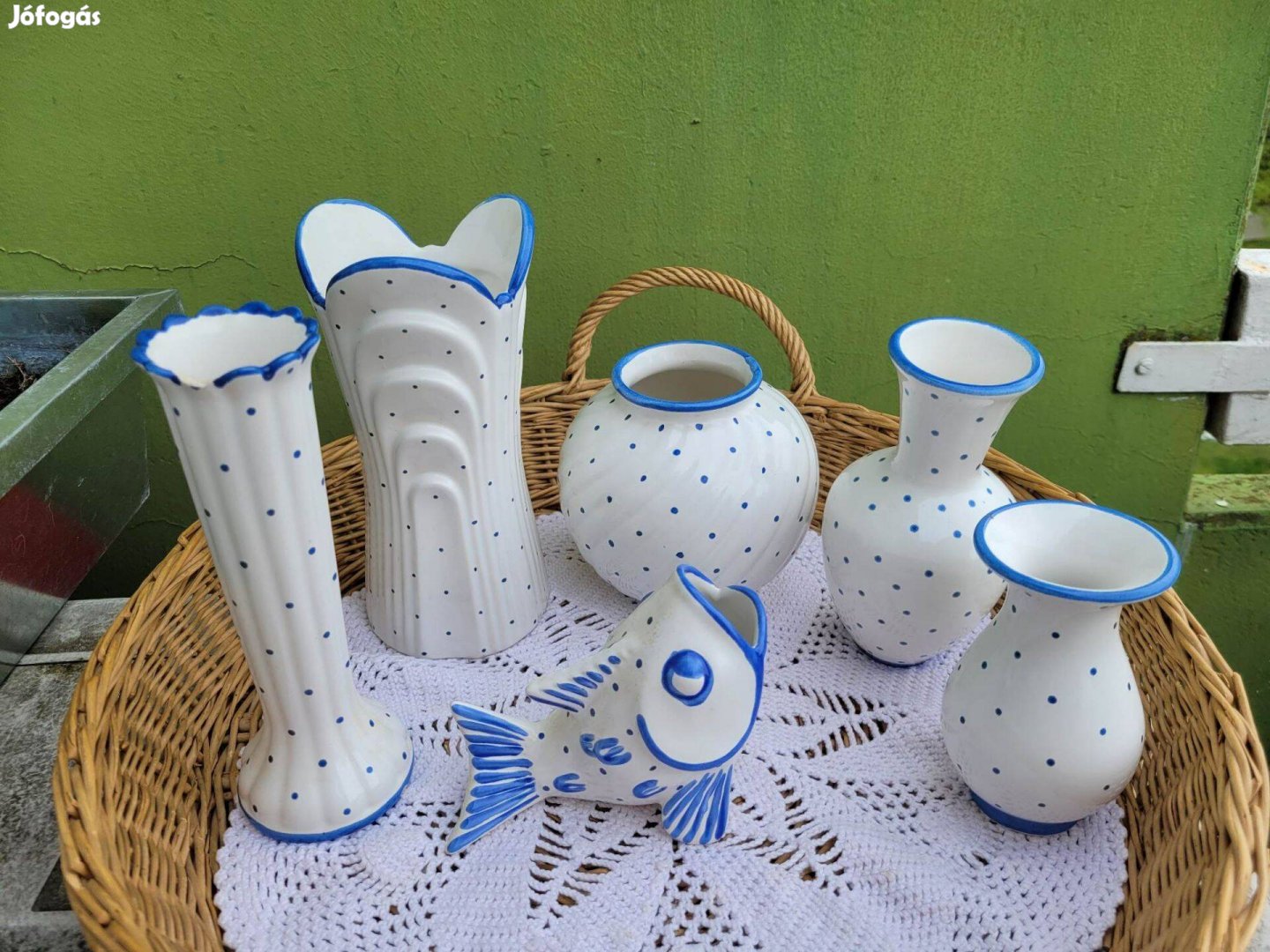 Vintage Gmundner Keramik kék pettyes vázák 6 db