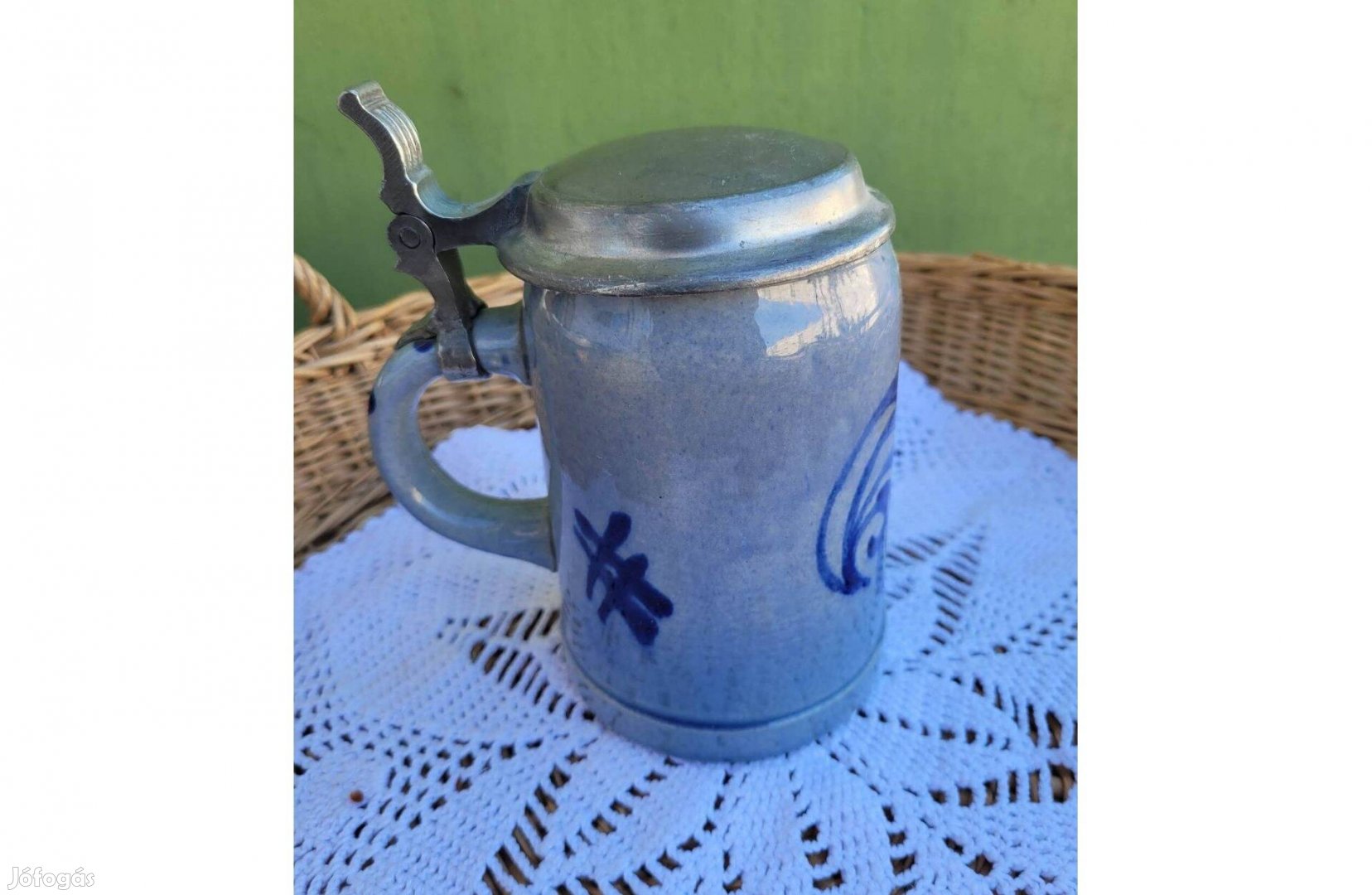 Vintage MR jelzésű kék-szürke kőporcelán, ónfedeles söröskorsó