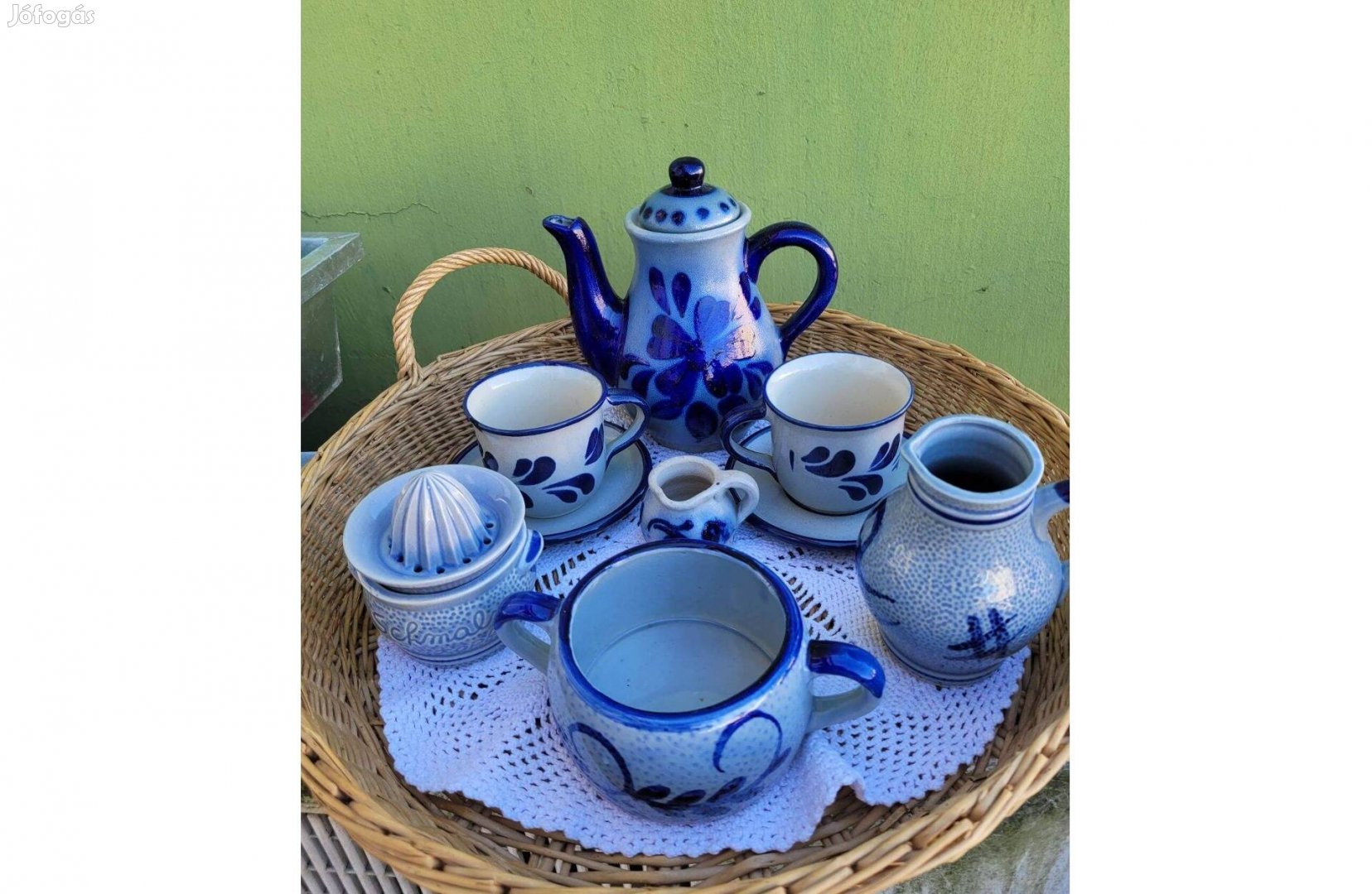 Vintage, kék-szürke kőporcelán 2 személyes teás készlet