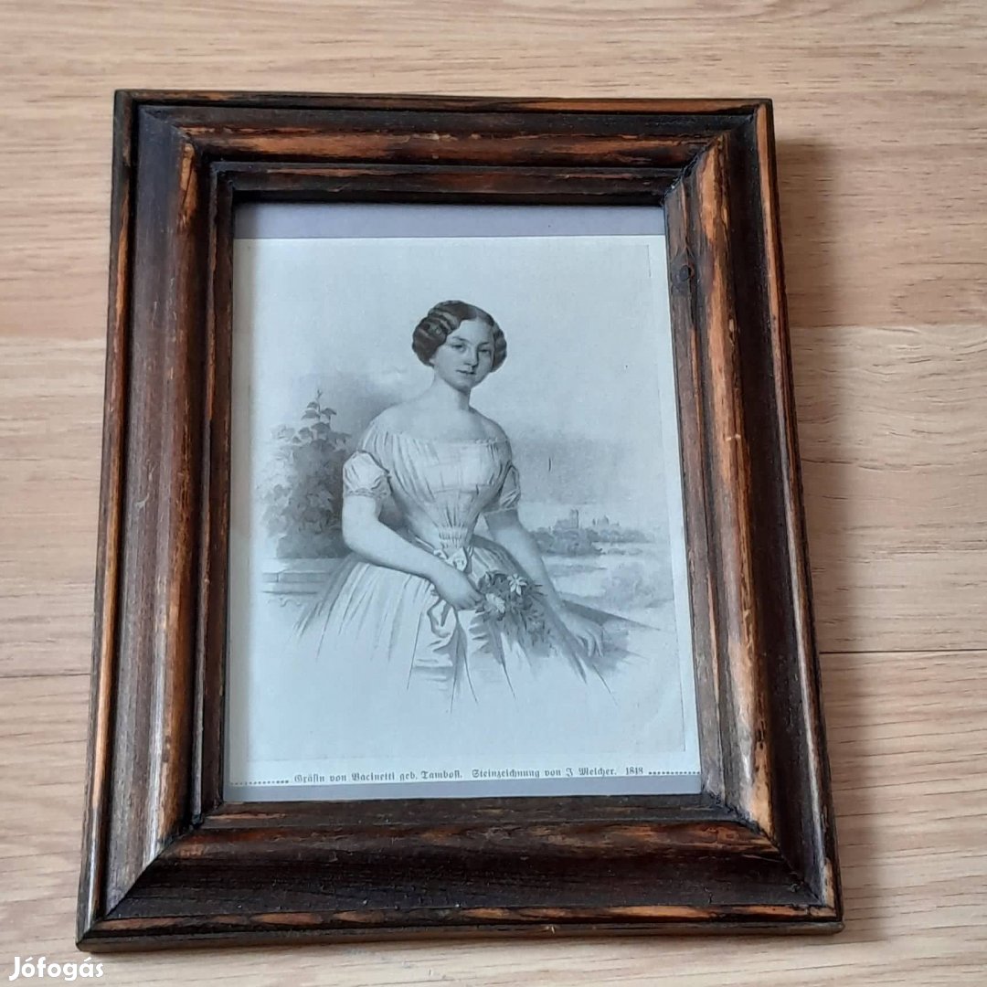 Vintage antik hatású metszet fénykép női alakkal, fa keretben, üveglap