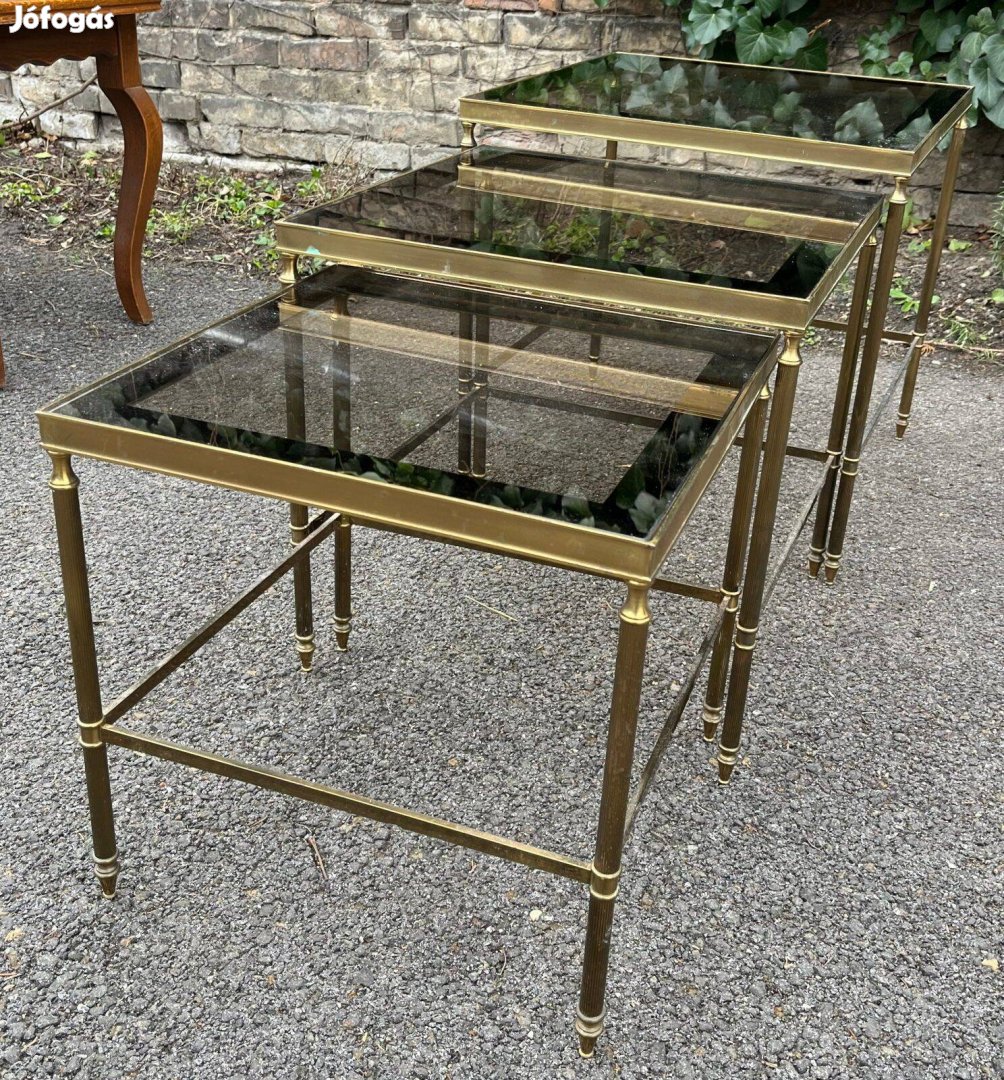 Vintage bronz/réz kisasztal, üvegasztal 3db os