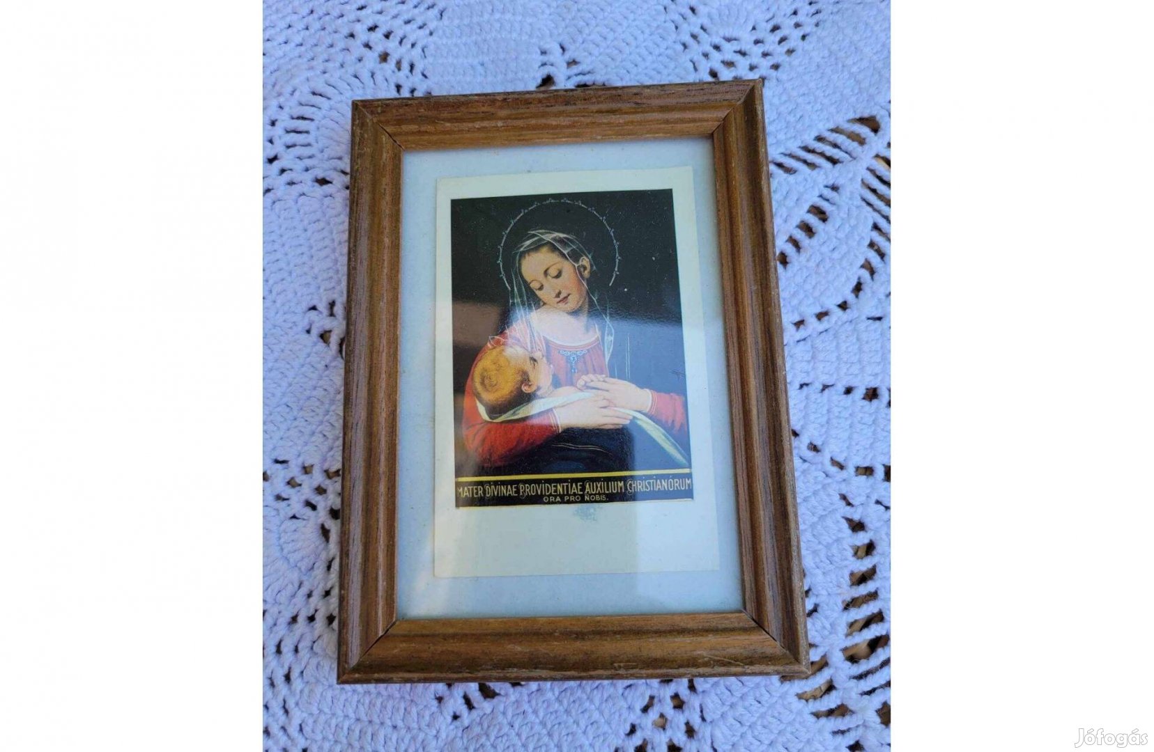 Vintage fa keretes üveglapos kis kép -Madonna a kis Jézussal
