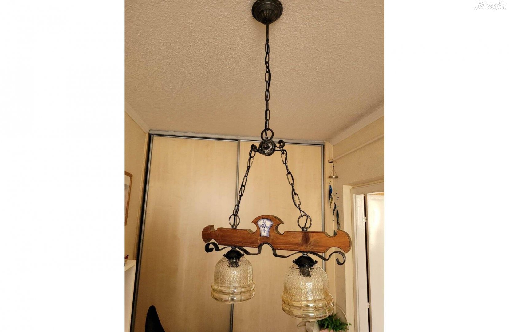 Vintage kovácsoltvas - fa üvegbúrás lámpa