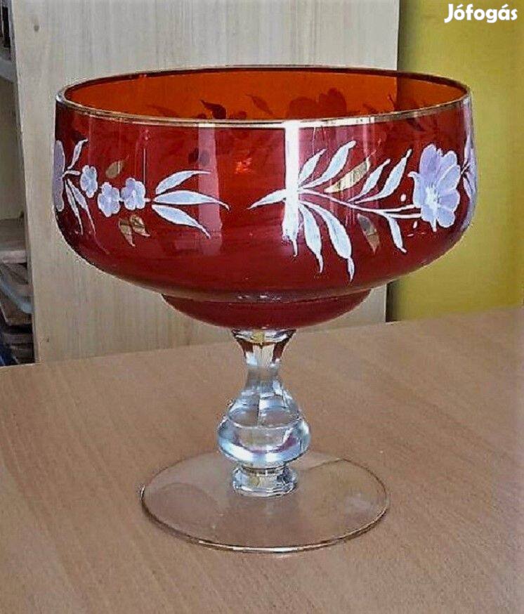 Vintage nagy, talpas Bohémia gyümölcstál, kínáló