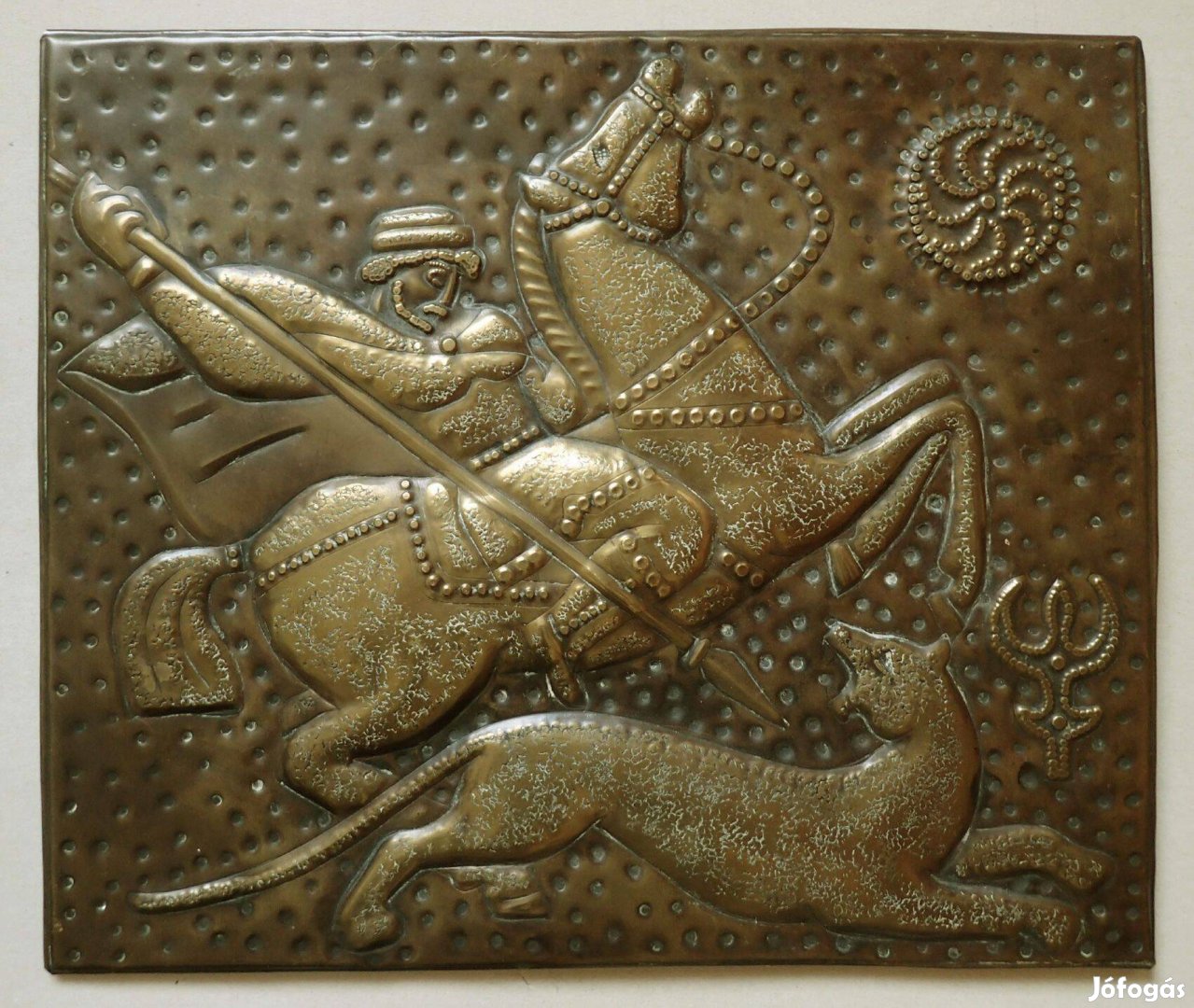 Vintage réz fém orosz fali domborkép falikép plakett ló lovas vadász
