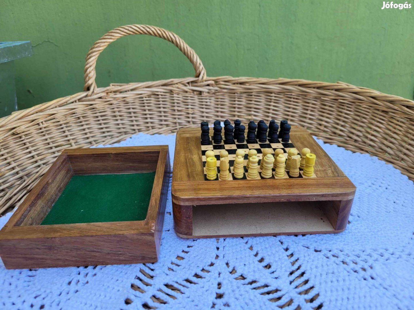 Vintage utazó fa sakktábla kihúzható fiókkal