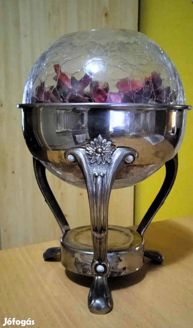 Vintázs ezüstözött kávémelegítő állvány üveggömbbel
