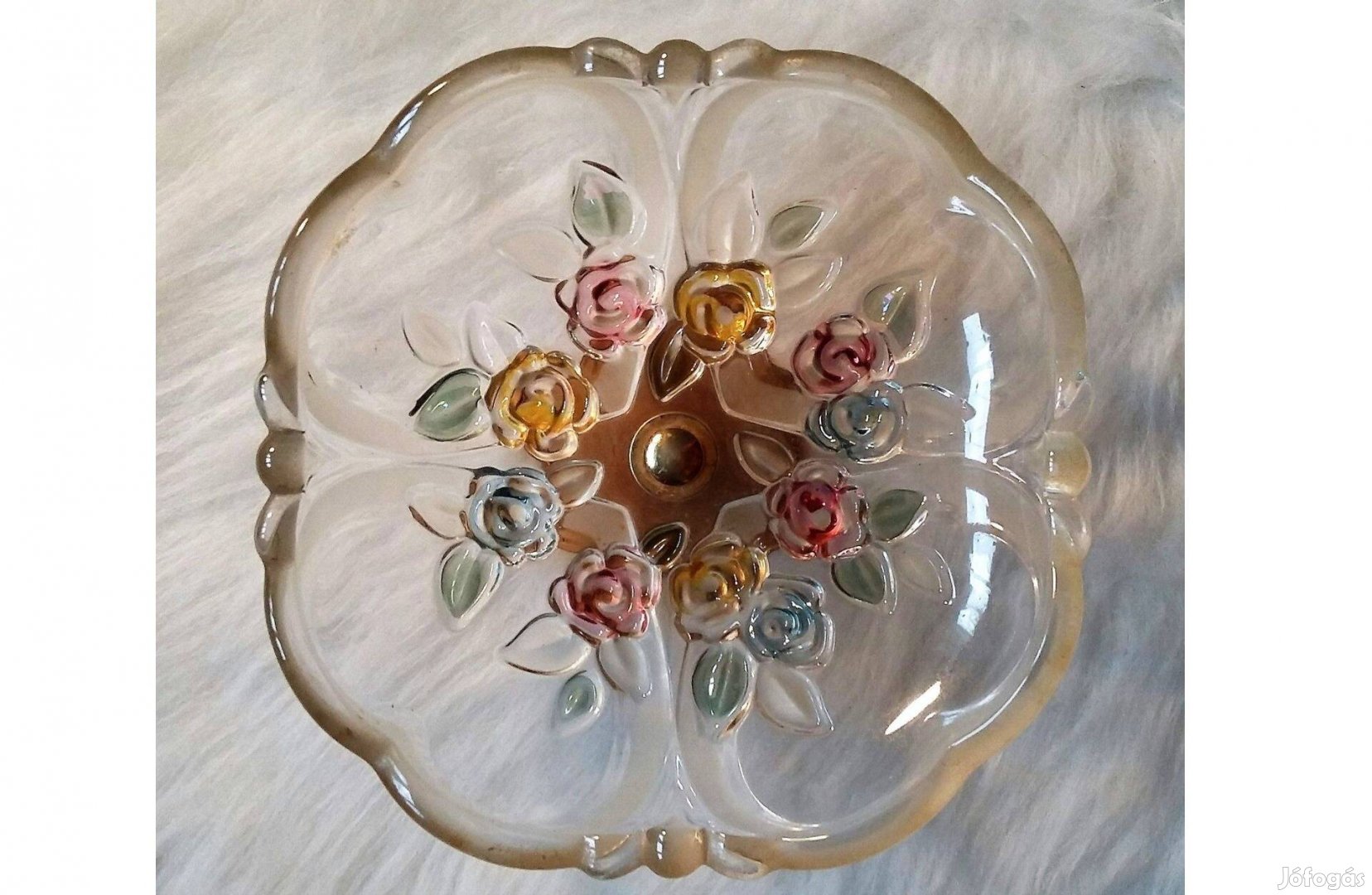 Virágmintás fém talpas, üveg kínálótál, dekoráció 17,5x9cm