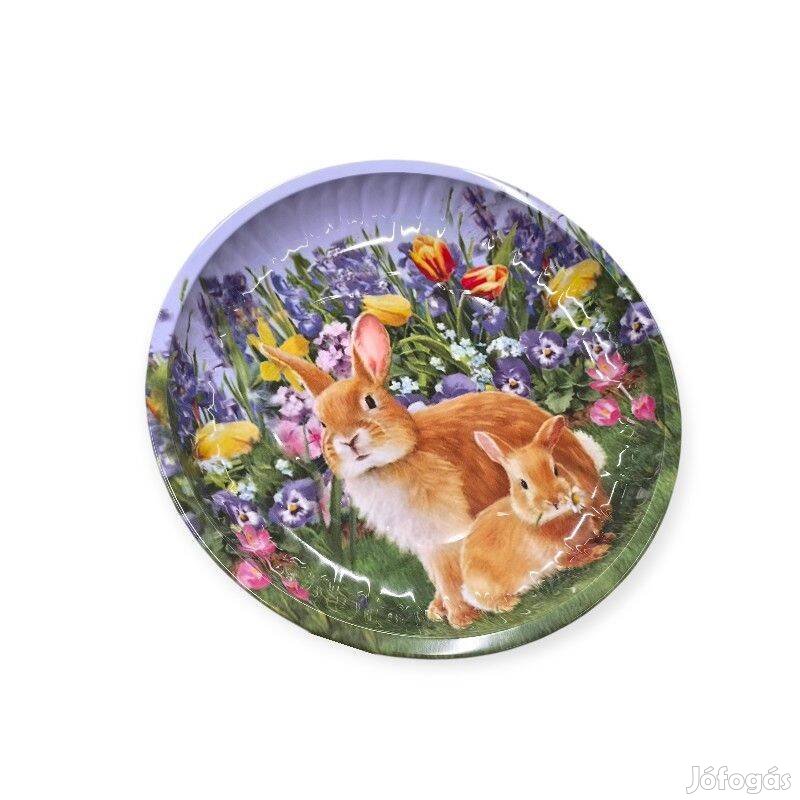 Virágmintás nyuszis húsvéti fém tálca 26 cm