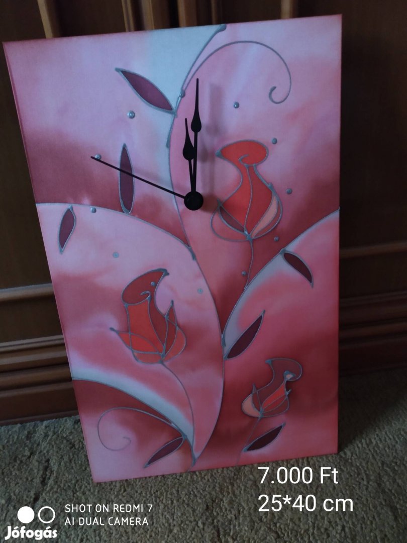 Virágos óra ajándék kézműves magyar selyemfestő egyedi 