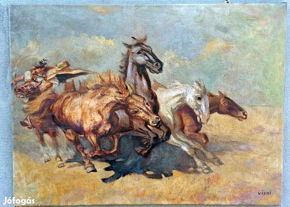 Viski János (1891-1987) Vágtázó lovak.Olaj,vászon