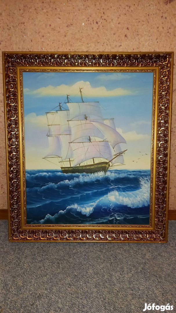 Vitorlás hajó és tenger festmény, látványos nagy olajfestmény keretben