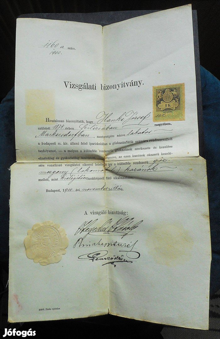 Vizsgálati bizonyítvány 1900 Lokomobil kazánkezelő tanfolyam