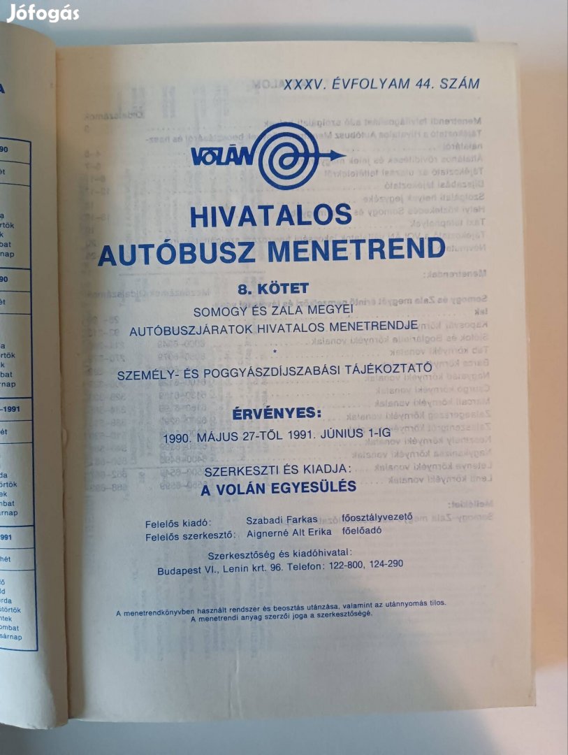 Volán Hivatalos Autóbusz Menetrend '90/'91
