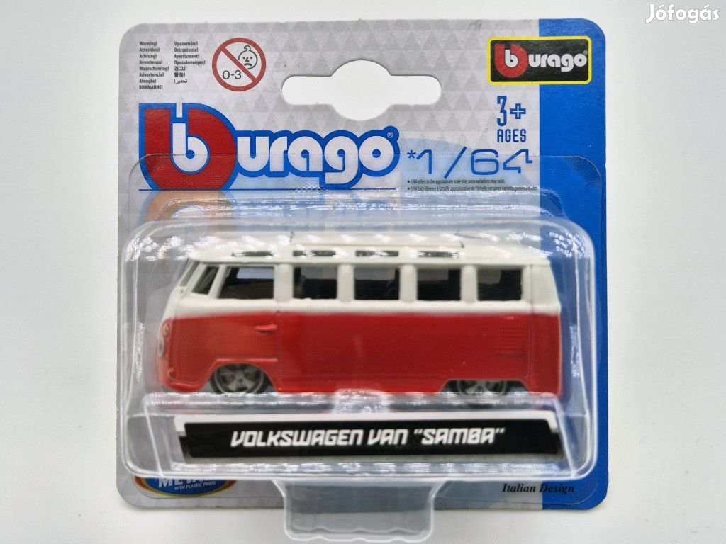Volkswagen VW T1 transporter Samba Minibus - piros -  Burago - 1:64