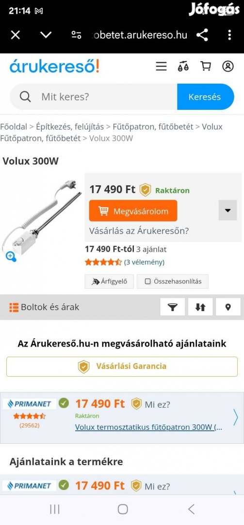 Volux Fűtőpatron fütőbetét