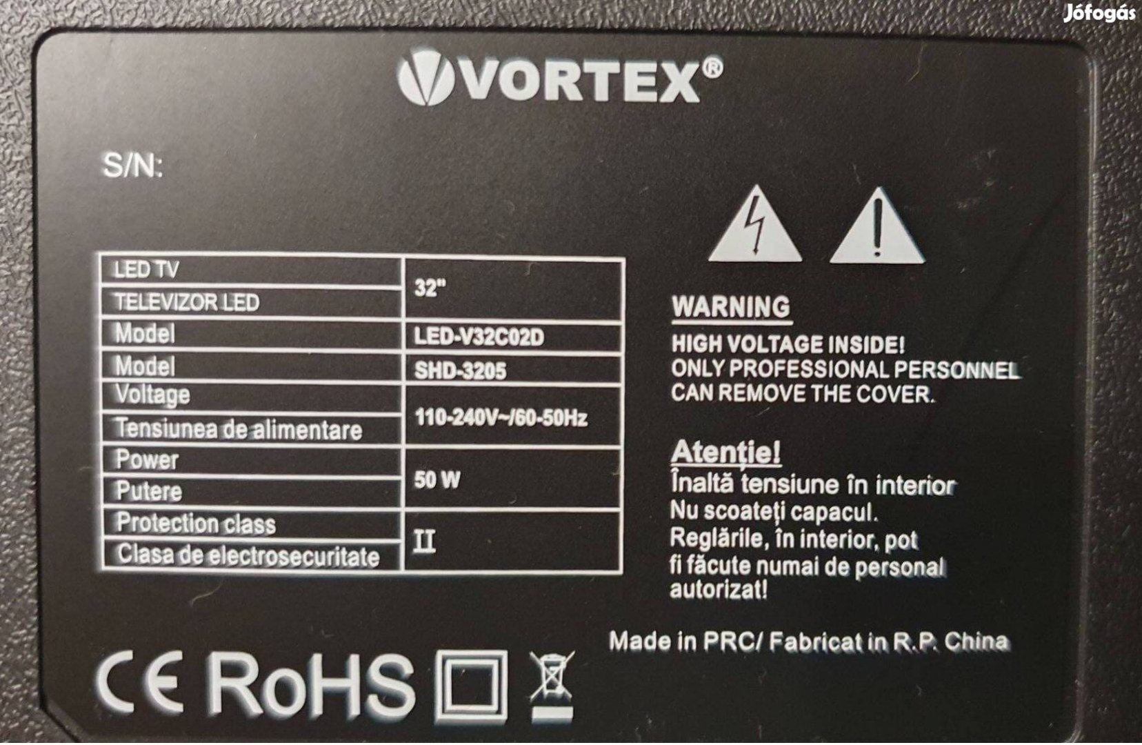 Vortex LED-V32C02D LED LCD tv hibás törött CV9202H-Dpw háttér hibás!