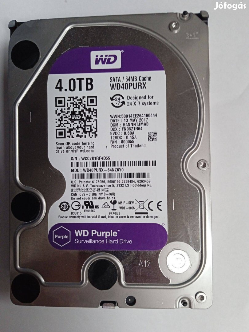 WD 4TB WD40Purx HDD 100% kondícióval