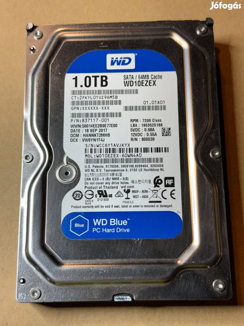 WD Blue 3.5" 1TB SATA merevlemez eladó