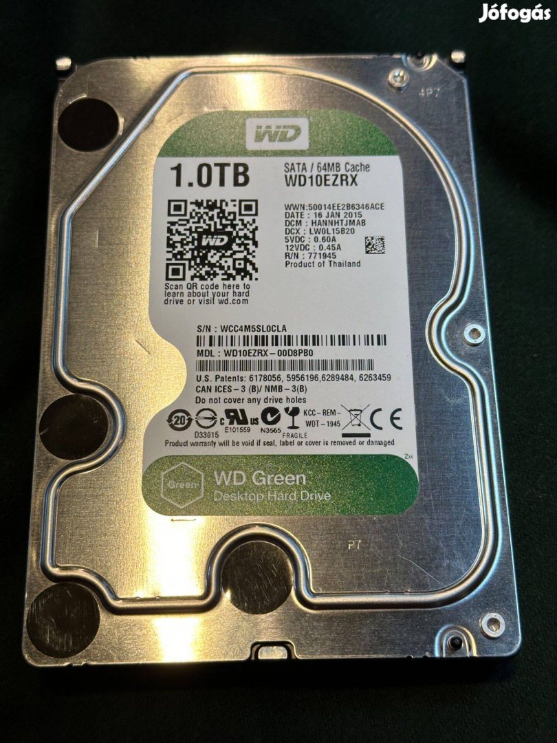 WD Green 3.5" 1TB SATA 100/100 merevlemez eladó