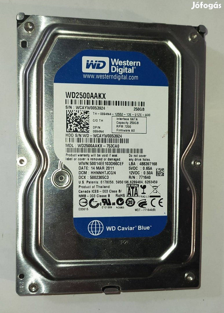 WD Western Digital 250GB HDD merevlemez SATA 3.5" 100/100 #3924