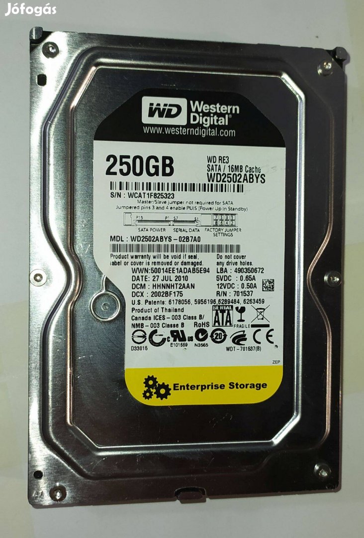 WD Western Digital 250GB HDD merevlemez SATA 3.5" 100/100 #5323