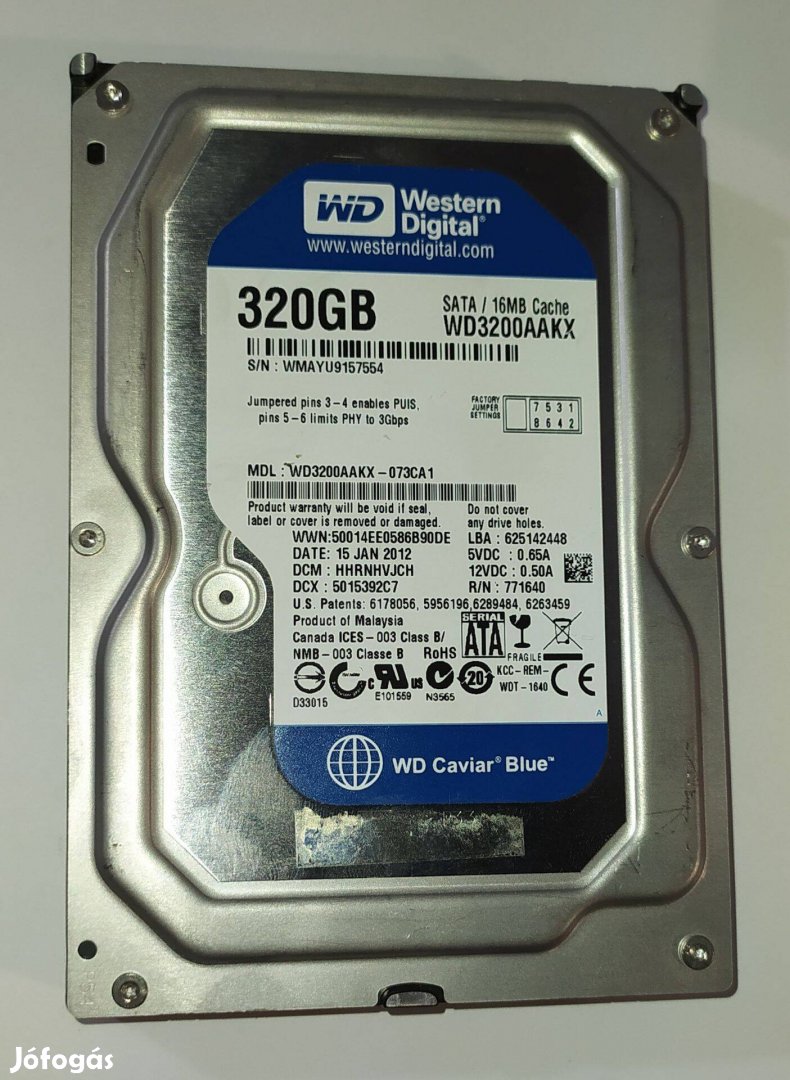 WD Western Digital 320GB HDD merevlemez SATA 3.5" 100/100 #7554