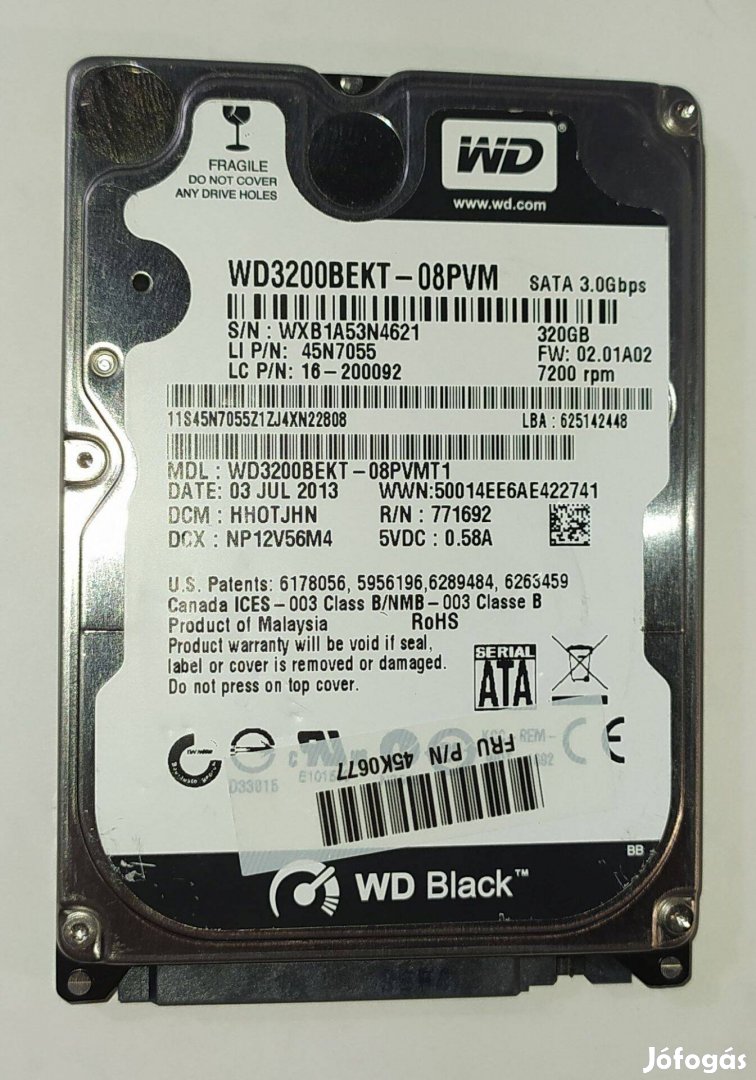 WD Western Digital 320GB laptop / notebook HDD merevlemez SATA 100/100