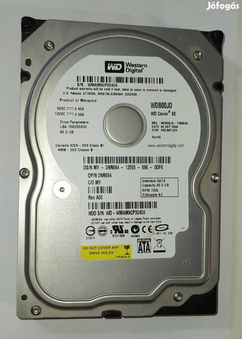 WD Western Digital 80GB HDD merevlemez SATA 3.5" 100/100 #0459
