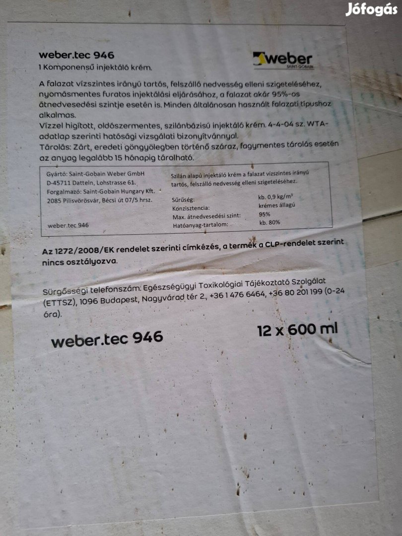 Weber 946 injektáló krém, vízszigetelő