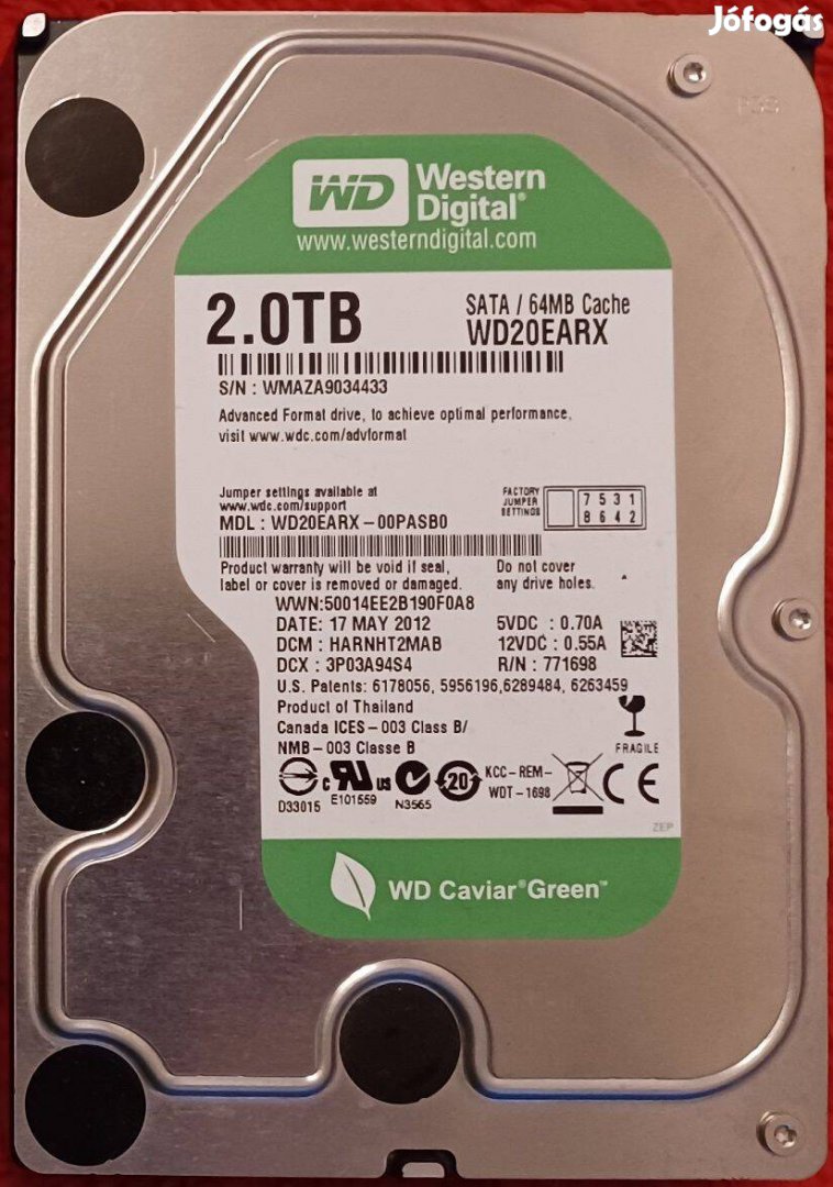 Western Digital 2TB hdd (vinchester) merevlemez