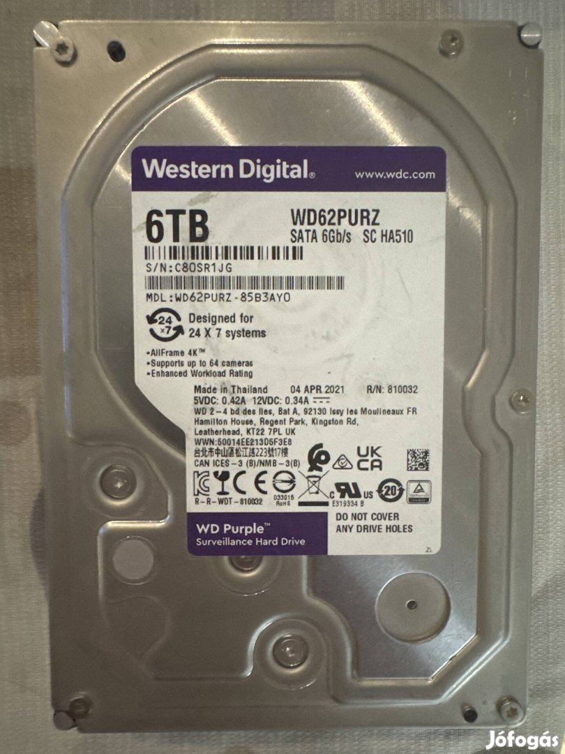 Western Digital 6TB szuperjó lemez WD62Purz