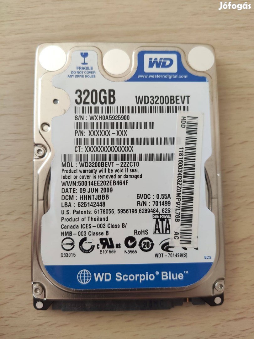 Western Digital WD3200Bevt 320GB 2.5 HDD merevlemez hibás